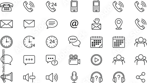 Communication icons set, media interface symbols, digital contact graphics, phone and email visuals, speech and audio elements, UI tools