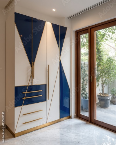A modern wardrobe with geometric patterns in white and navy blue, accented by gold hardware, sits in a bright interior space.