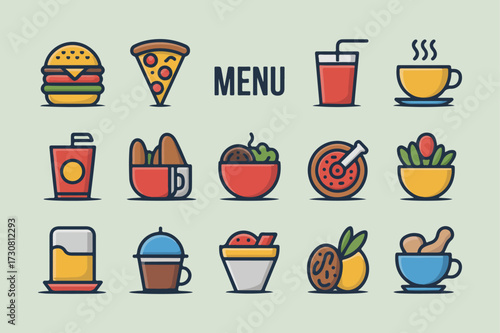 Colorful vector illustrations of popular food and beverages for menu design and restaurant concepts