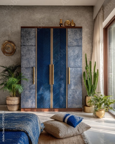 A sophisticated bedroom boasts a striking blue wardrobe with intricate chevron detailing, complemented by natural elements and warm neutral tones.