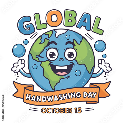 Vector art of anthropomorphic earth character celebrating global handwashing day with a banner, promoting hand hygiene and health awareness globally