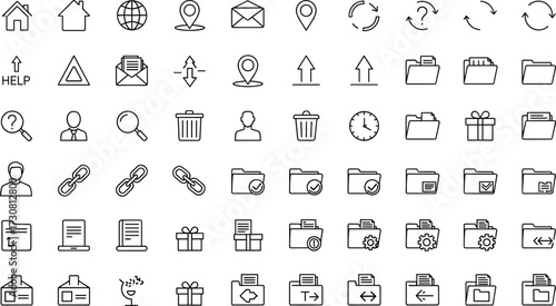 User interface icons set, digital function symbols, navigation and communication graphics, file management visuals, web and app elements