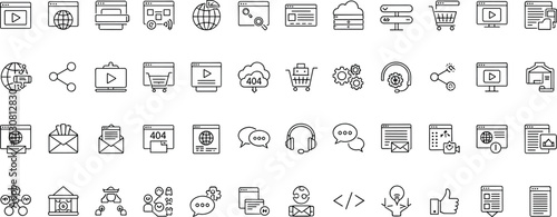 Web development icons set, digital communication symbols, internet technology graphics, coding and cloud visuals, ecommerce and UI elements