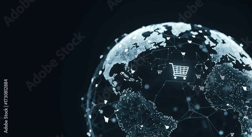 Minimalist Network Globe Glowing With Shopping Cart Icons