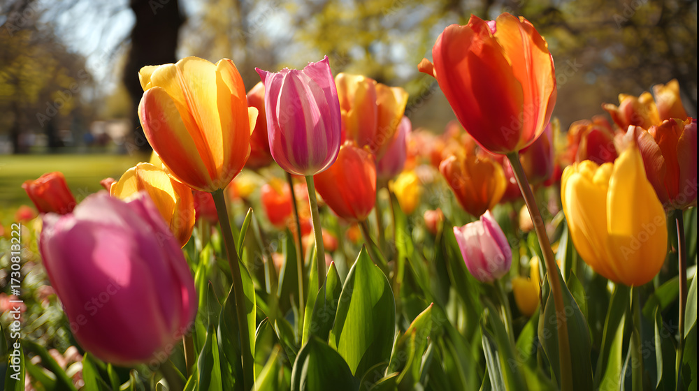 Obraz premium Blooming tulips in garden with soft sunlight background