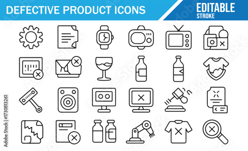 Faulty Electronics & Apparel Icons — Broken Screen, Torn Shirt, Recall Notice, Gavel