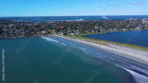 Easton Beach aerial view in fall between city of Newport and Middletown, Rhode Island RI, USA. 