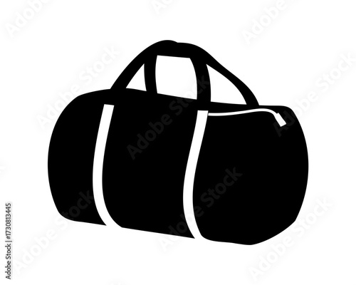 Black duffel bag with white stripes and zipper, isolated on white background