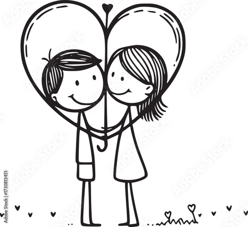 Sweetheart Silhouette: A tender silhouette of two figures, connected in love under a heart, standing against the background of small hearts and flowers