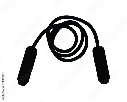 A black and white graphic depicting a coiled jump rope with handles