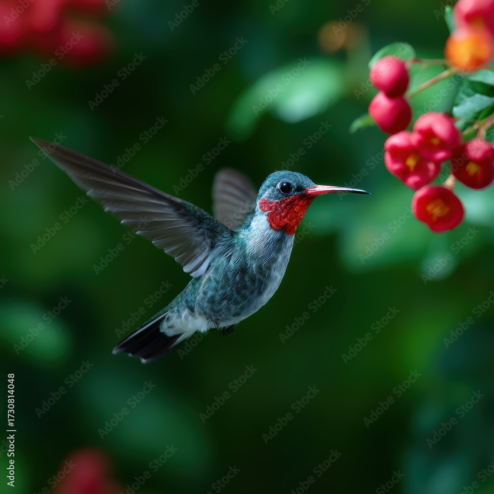 Fototapeta premium Close-up of a hummingbird hovering near a red flower, wings blurred with motion, surrounded by lush greenery