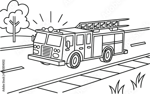 Black and White Firetruck on Road with Tree in Background