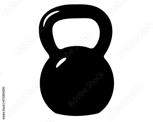 Monochrome illustration of a kettlebell with a curved handle for weight training