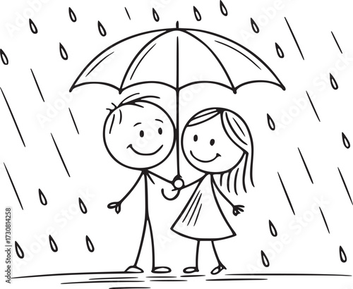Rainy Day Romance: A cartoon depiction of two stick figures finding warmth and solace under an umbrella amidst a gentle rainfall.
