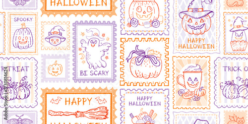 Halloween pattern. Seamless stamp pumpkin. Cute vector postcard background. Doodle postal print with ghost, fall pumpkin, skull, bow, cat. Halloween frame bg, vintage autumn cozy post seamless pattern