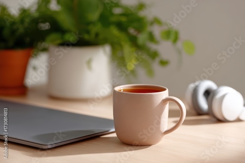 Wallpaper Mural Minimalist workspace with a laptop, wireless headphones, potted plants, and a cup of herbal tea on a clean desk Torontodigital.ca
