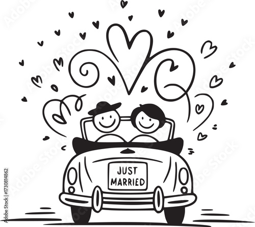 Wedding Day Joyride: A whimsical illustration of a newlywed couple in a vintage convertible, embarking on their journey of togetherness, surrounded by hearts and symbols of love.