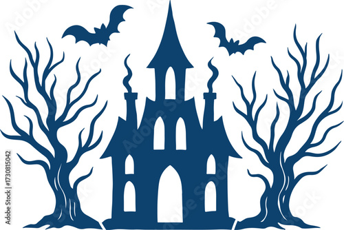 Haunted House Silhouette Illustration Spooky Halloween Ghosts and Monsters