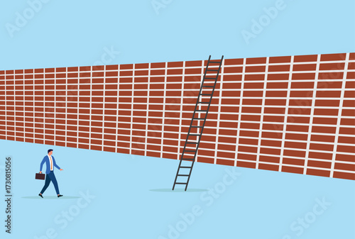 Vector illustration of a businessman walking towards a ladder placed on a brick wall, representing ambition, growth, career progress, and overcoming challenges
