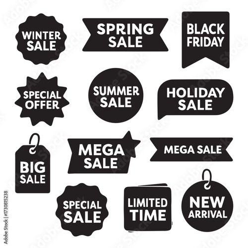 Silhouette set of vintage various style and design Big sale, mega sale, holiday sale, winter sale, limited time etc business ribbon symbol for selling.