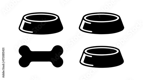  A set of vector icons of bowls for pet food or water and a dog bone on a transparent background. Symbol of feeding and caring for animals.