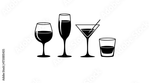 Stylish and modern vector illustration from a collection of four icons of different glasses: a red wine glass, a champagne glass, a martini or cocktail glass, and a whiskey glass. 