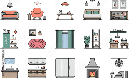 Hand drawn line art of assorted home furniture items and interior design elements