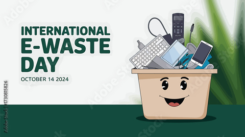Vector art of international ewaste day illustration with a smiling bin full of electronic devices like keyboards, phones, and remotes, promoting responsible disposal on october 14, 2025