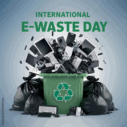 Vector art of international ewaste day concept with a green recycling bin and black trash bags filled with electronic devices, emphasizing responsible disposal and recycling