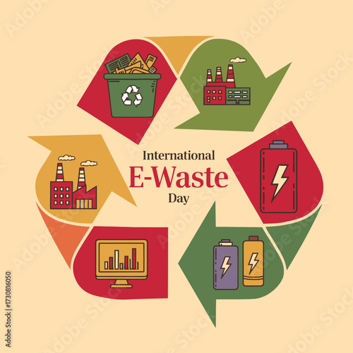 Vector art of international ewaste day graphic featuring a recycling symbol with icons of factories, batteries, computer monitor, and trash bin