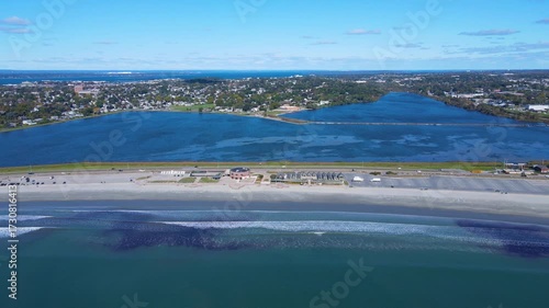 Easton Beach aerial view in fall between city of Newport and Middletown, Rhode Island RI, USA. 