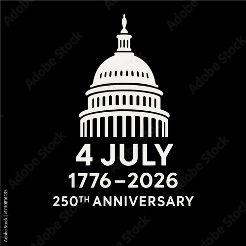 Vector Capitol icon for USA 250th anniversary and 4 July celebration. Flat style, black background. Perfect for American Independence Day, patriotic projects, culture and history themes.