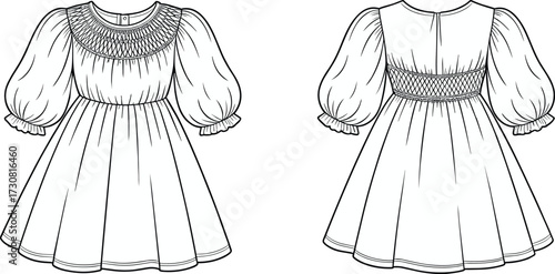 Girl dress flat sketch, fashion technical drawing, front and back view, puff sleeve design, smocked bodice, ruffle cuff, apparel vector illustration