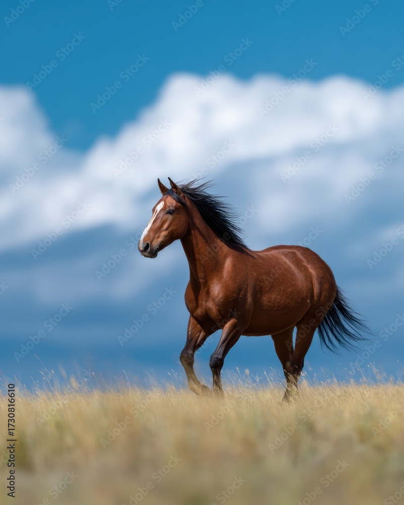 Obraz premium A wild horse running freely across an open prairie under a vast blue sky with fluffy clouds