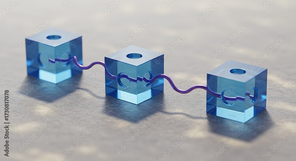 Naklejka premium Connected blue glass cubes with purple wire representing blockchain technology concept
