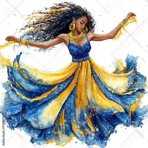 Colombian Afro-European Dance, watercolor painting vector, isolated on a white background.
