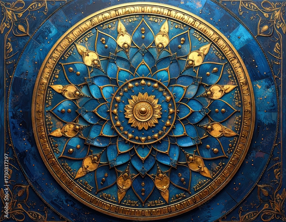 Fototapeta premium Blue and Gold Mandala with Intricate Details
