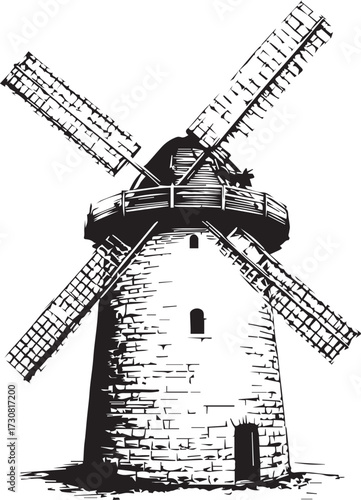Windmill Building with Rotating Blades – Vector Art

