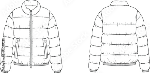 Puffer jacket flat sketch, fashion technical drawing, front and back view, quilted outerwear design, zipper closure, ribbed cuffs, apparel vector illustration