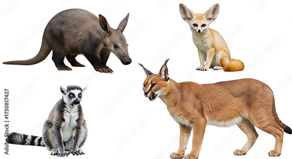 Fototapeta premium Diverse group of animals including aardvark fennec fox caracal and lemur