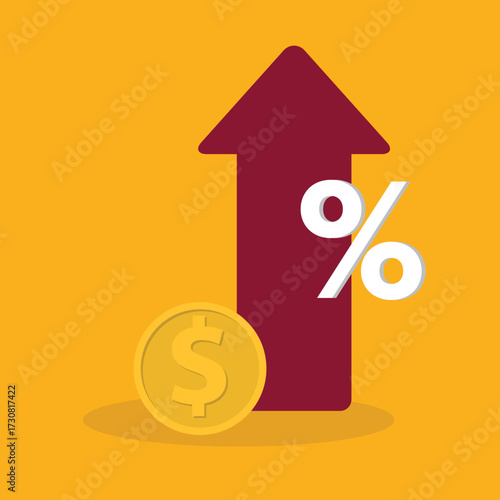 Increased income or revenue, capital gain, increased sales turnover, dollar and arrow with percentage sign