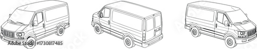 Van line drawing sketch, technical vehicle illustration, three perspective views, boxy transport design, automotive template, commercial car outline, vector graphic