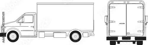 Box truck flat sketch, technical vehicle drawing, side and rear view, cargo transport design, delivery truck template, automotive vector illustration