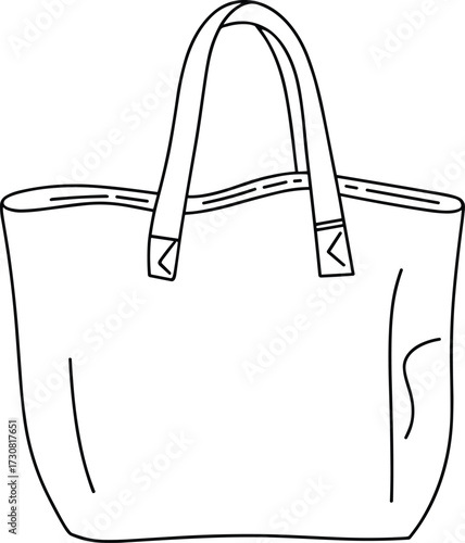 Tote bag flat sketch, fashion technical drawing, front and back view, simple handbag design, reinforced handle detail, sewing pattern, vector illustration