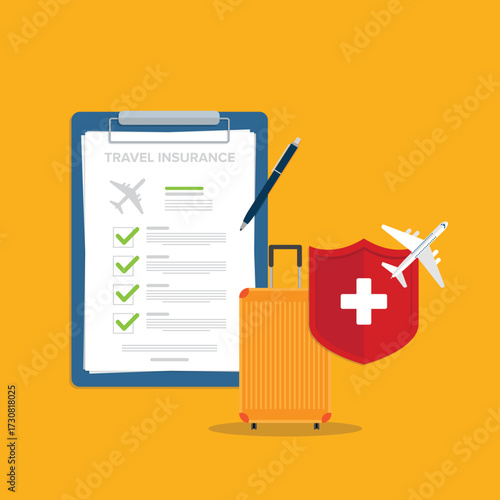 Travel insurance. Traveling luggage suitcase and airplane trip protect. Plane flight safety symbol. Aircraft journey risk protection.	