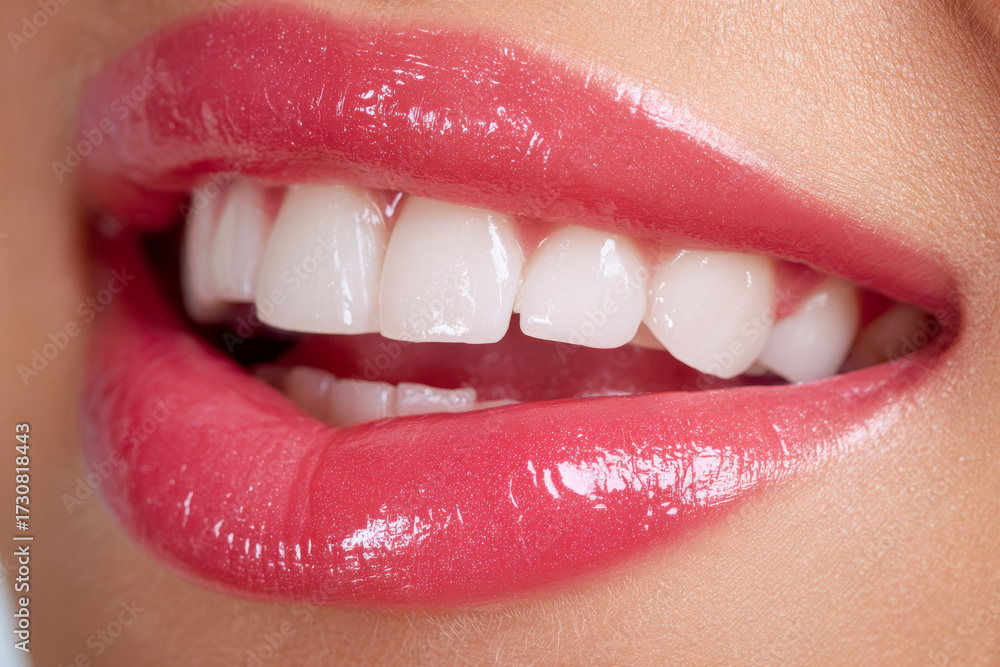 Obraz premium Close-up of a fresh glossy pink lip makeup on a smiling mouth showing natural white teeth and smooth skin texture for beauty concept