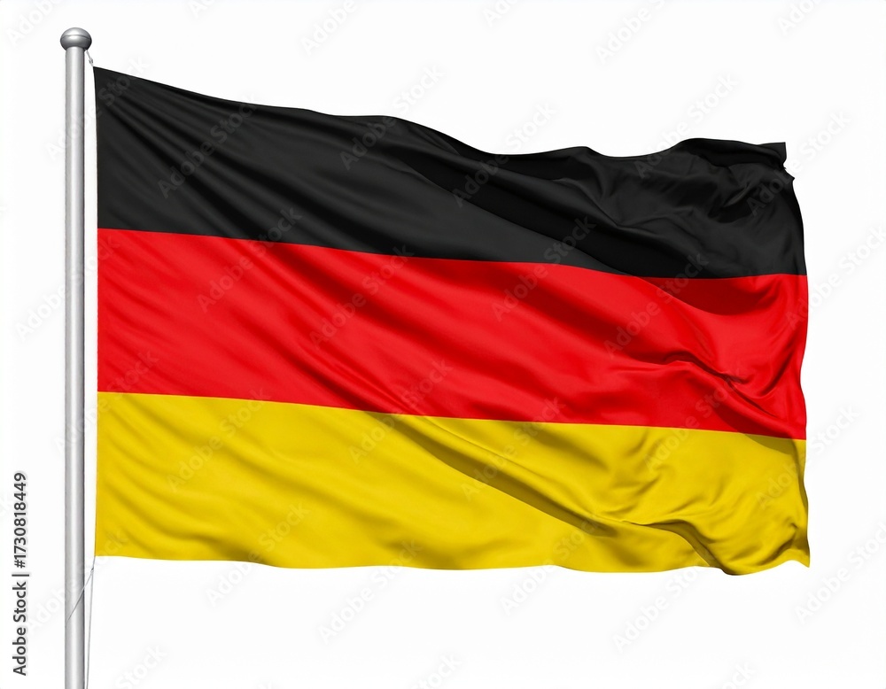 Naklejka premium The vibrant German national flag, with its distinct black, red, and gold colors, proudly waves on a flagpole against a clean white background, representing national identity and unity