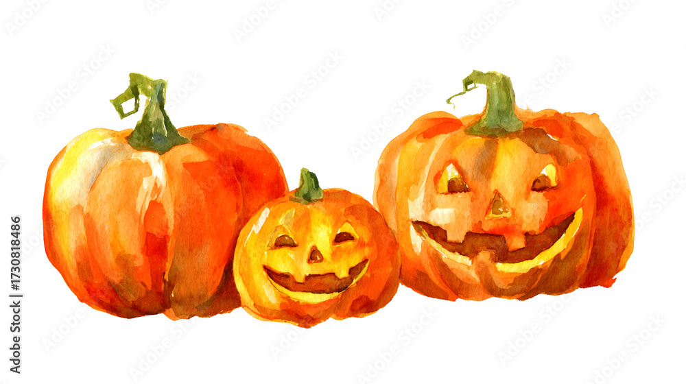 Obraz premium Hand-drawn watercolor pumpkins with carved faces