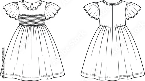 Girl dress flat sketch, fashion technical drawing, front and back view, smocked bodice, ruffle sleeves, scalloped neckline, apparel design template