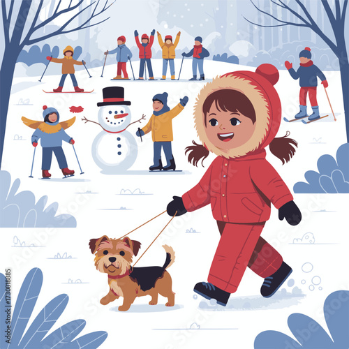 Flat Vector Illustration of People Doing Winter Activities in the Park